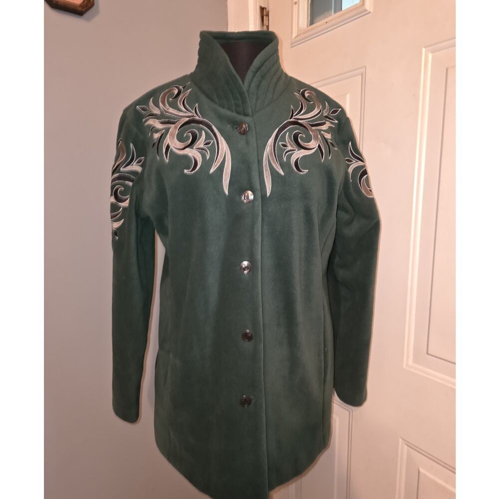 Bob Mackie Wearable Art Fleece Jacket Embroidered Hunter Green S Western Country